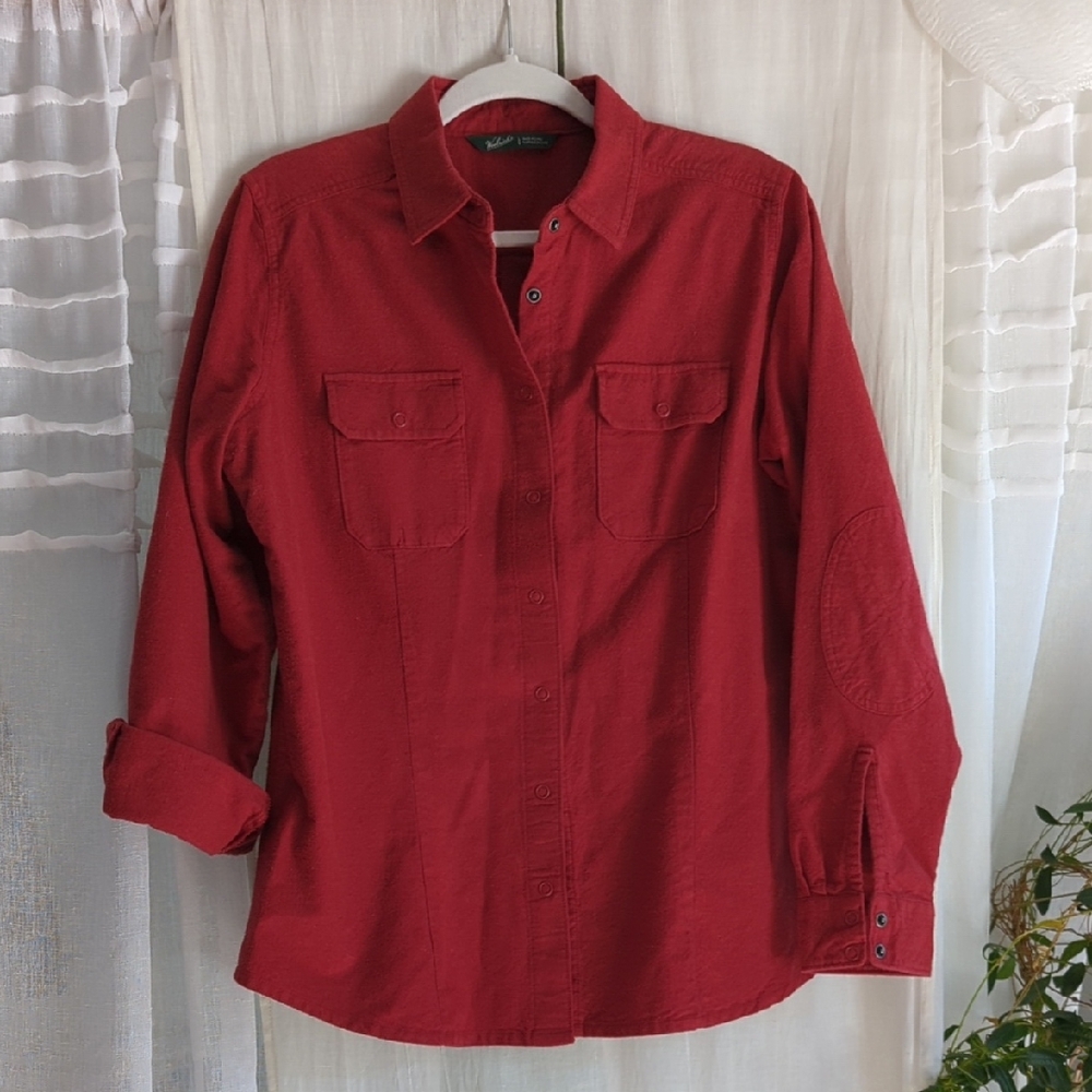 Vintage Cotton 🍅 Red L Flannel Snaps Elbow Patches Woolrich Western Perfect
